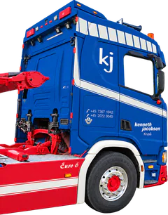 Blå og rød Kenneth Jacobsen lastbil